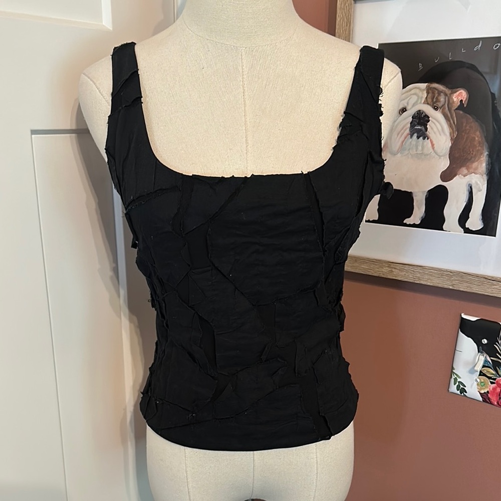 Han Feng Black Sleeveless Women's tank sheer square neck S raw edge fabric Top
